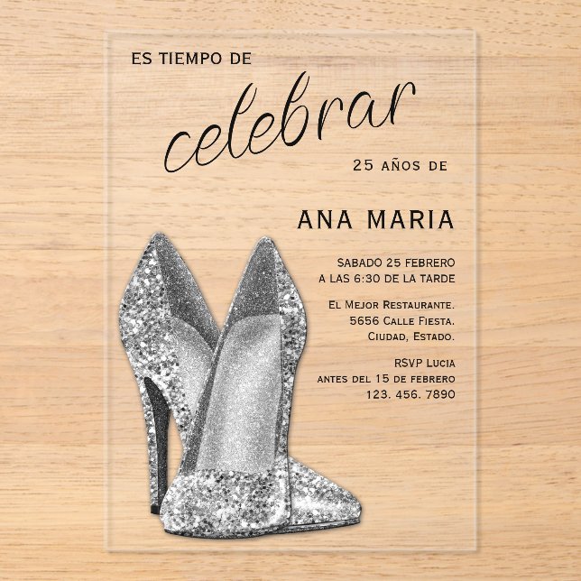 Invitaciones Acrílicas Sophisticated Silver Spanish Feminine Birthday  (Anverso)