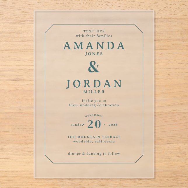 Invitaciones Acrílicas Sophisticated Teal Minimalist Wedding Invitation (Anverso)