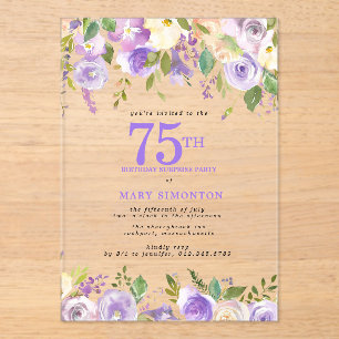 Invitaciones Acrílicas SORPRESA ACRÍLICA TRANSPARENTE Cumpleaños 75 Flora