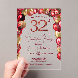 Invitaciones Acrílicas Sorpresa Cumpleaños 32 Años Glitter Dorado Borgoña