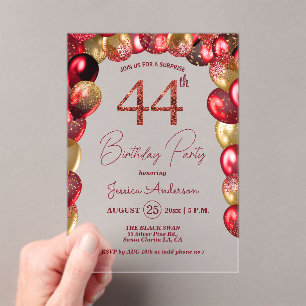 Invitaciones Acrílicas Sorpresa Cumpleaños 44 Fiesta Dorado Burgundy Bril
