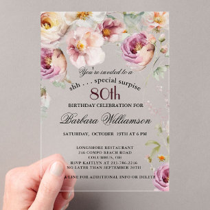 Invitaciones Acrílicas Sorpresa Cumpleaños 80 Elegante Flor Silvestre Ros