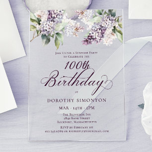 Invitaciones Acrílicas SORPRESA FIESTA 100 cumpleaños Morado Lilac Floral