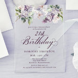 Invitaciones Acrílicas SORPRESA FIESTA 21 cumpleaños Morado Lilac Floral<br><div class="desc">Las lilatas moradas de color agua suave crean una invitación de cumpleaños fiesta sorpresa de primavera bonito. La tipografía añade una estética elegante. Forma parte de la colección Purple Spring Lilac Flower. Le permite elegir un tema y, a continuación, crear fácilmente una suite de invitados única, carteles de bienvenida y...</div>