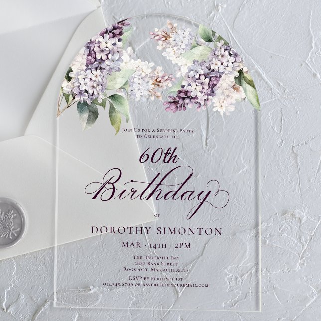 Invitaciones Acrílicas SORPRESA FIESTA 60 cumpleaños arco morado floral (Subido por el creador)