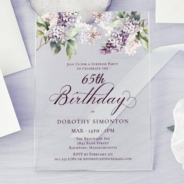 Invitaciones Acrílicas SORPRESA FIESTA 65º cumpleaños Morado Lilac Floral (Subido por el creador)