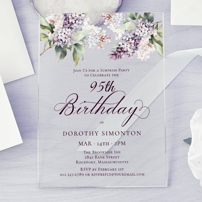 Invitaciones Acrílicas SORPRESA FIESTA 95º cumpleaños Morado Lilac Floral (Subido por el creador)