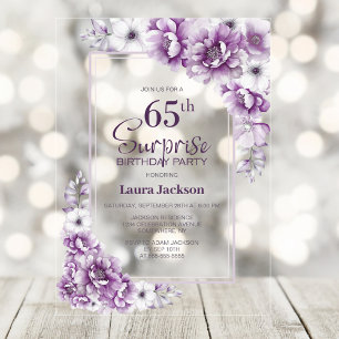 Invitaciones Acrílicas Sorpresa floral rosa moderna para cumpleaños 65