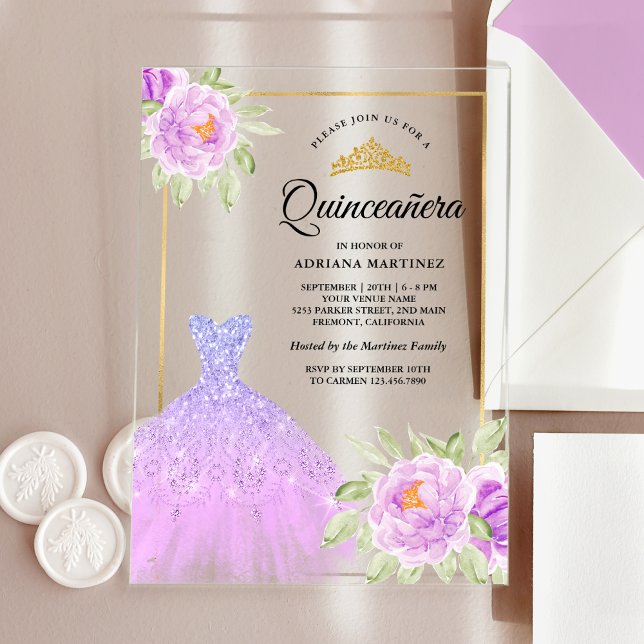 Invitaciones Acrílicas Sparkle Gown Lilac Purple Floral Gold Quinceanera (Subido por el creador)