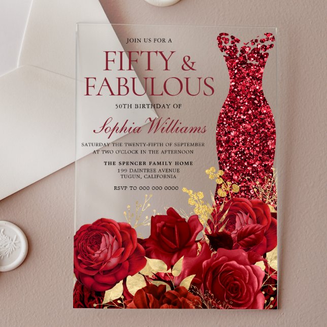 Invitaciones Acrílicas Sparkle Red Dress Roses Gold Leaf 50th Birthday (Subido por el creador)