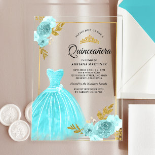 Invitaciones Acrílicas Sparkling Gown Aqua Blue Floral Gold Quinceanera