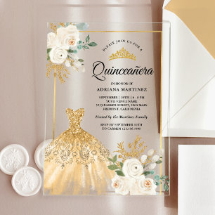 Invitaciones Acrílicas Sparkling Gown Marfil Floral Gold Quinceanera