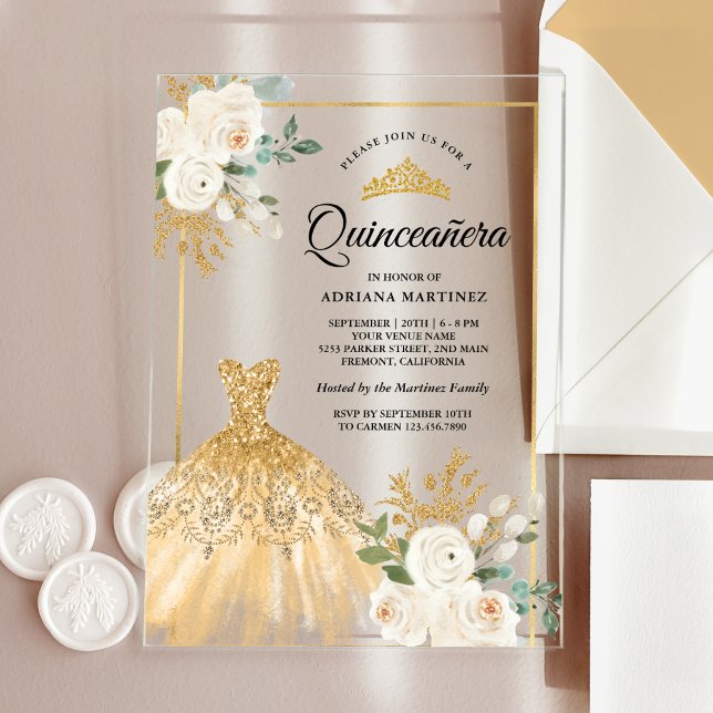 Invitaciones Acrílicas Sparkling Gown Marfil Floral Gold Quinceanera (Subido por el creador)