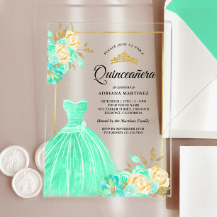 Invitaciones Acrílicas Sparkling Gown Mint Green Floral Gold Quinceanera