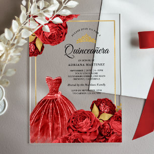 Invitaciones Acrílicas Sparkling Red Roses Gold Quinceanera