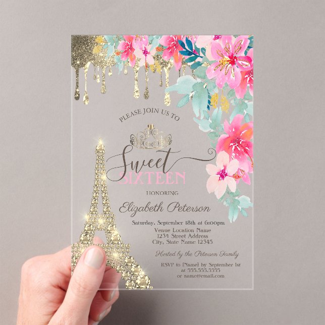 Invitaciones Acrílicas Spring Flowers Eiffel Tower Gold Drips Sweet 16 (Insitu (portátil))