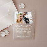 Invitaciones Acrílicas Sr. Sra. Photo Wedding<br><div class="desc">Selección de moda o pequeña invitación boda y invitación a la recepción mostrando su foto en el marco "Mr & Mrs." y "Celebrate con nosotros" en un moderno guión blanco. Agregue sus nombres en un script blanco parecido a una firma.</div>