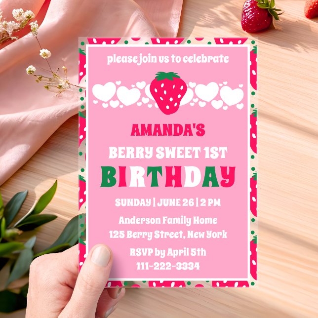 Invitaciones Acrílicas Strawberry First Birthday Celebration (Subido por el creador)
