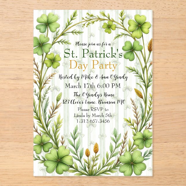 Invitaciones Acrílicas Striped Clover Border Party  (Anverso)