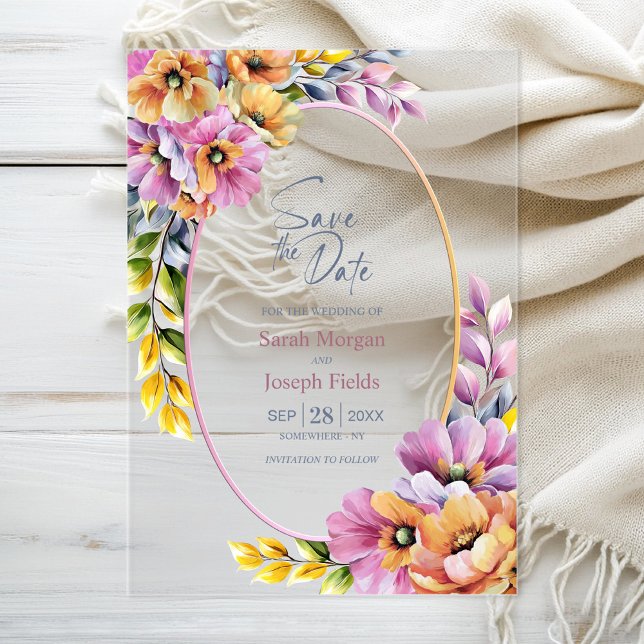 Invitaciones Acrílicas Stylish Pink and Orange Floral Save The Date (Subido por el creador)