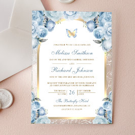 Invitaciones Acrílicas Suave Arco Mariposa Boda Floral Oro Azul