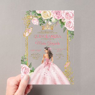 Invitaciones Acrílicas Suave Corona de Mis Quince Rosa Rubor Dorada Quinc