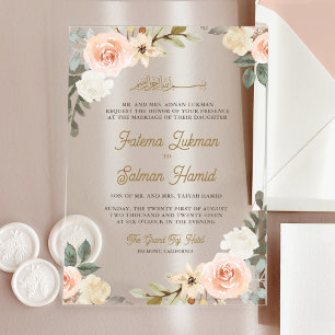 Invitaciones Acrílicas Suave Floral Islámica Musulmana Boda Melocotón Pas