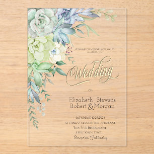 Invitaciones Acrílicas Suculentas del Desierto en Acuarela para Boda