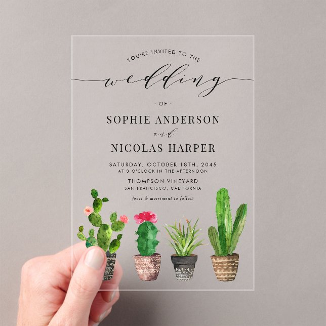 Invitaciones Acrílicas Suculentos potentes y Boda de Cactus Boho (Insitu (portátil))