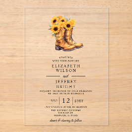 Invitaciones Acrílicas Sunflowers Cowboy Boots Barn Wood Boda Occidental