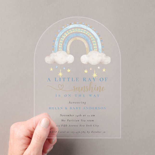 Invitaciones Acrílicas Sunshine Blue Boho Rainbow Boy Baby Shower (Insitu (portátil))