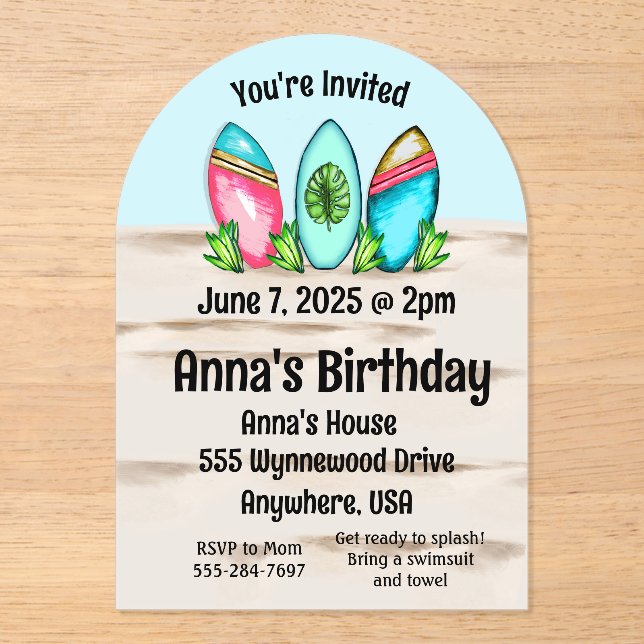 Invitaciones Acrílicas Surfboard retro, rosa, (Anverso)