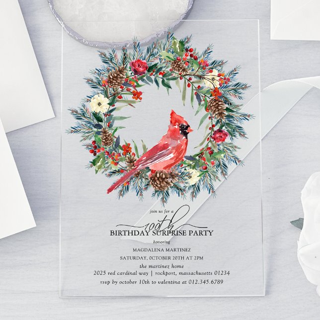Invitaciones Acrílicas SURPRISE PARTY 100th Birthday Cardinal Wreath (Subido por el creador)