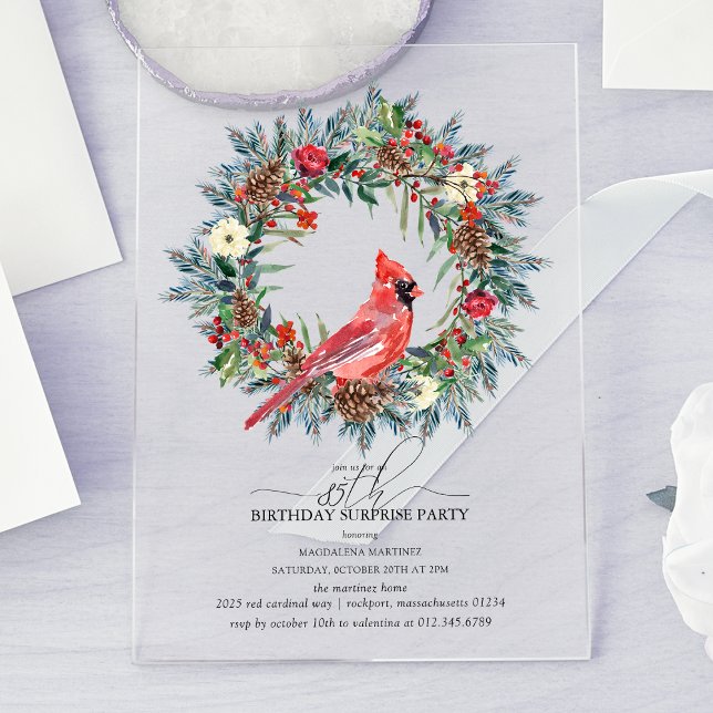 Invitaciones Acrílicas SURPRISE PARTY 85th Birthday Cardinal Wreath (Subido por el creador)