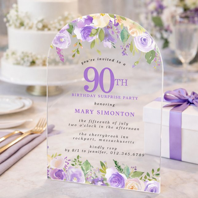 Invitaciones Acrílicas SURPRISE PARTY 90th Birthday Purple Floral Clear (Subido por el creador)