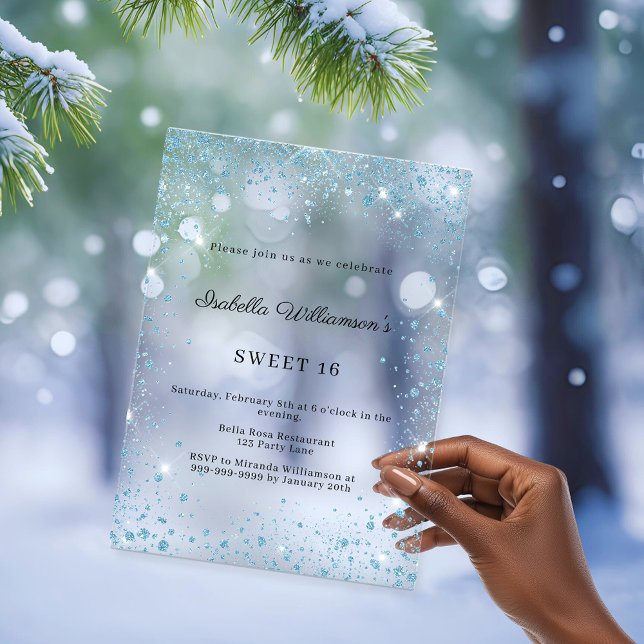Invitaciones Acrílicas Sweet 16 blue glitter winter party frosted (Subido por el creador)