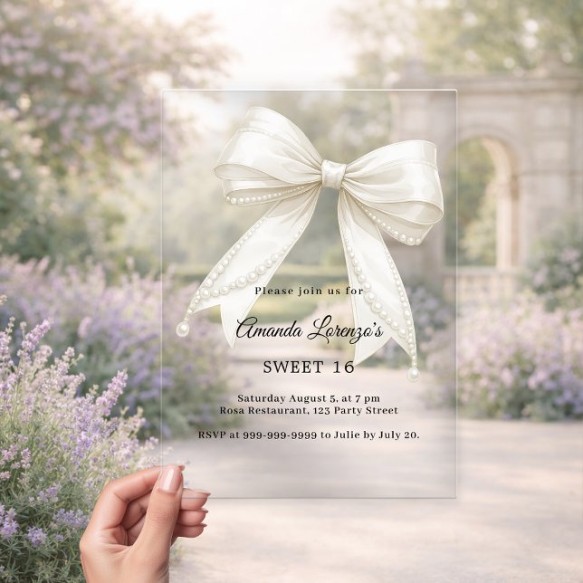 Invitaciones Acrílicas Sweet 16 bow ivory pearls elegant clear luxury (Subido por el creador)
