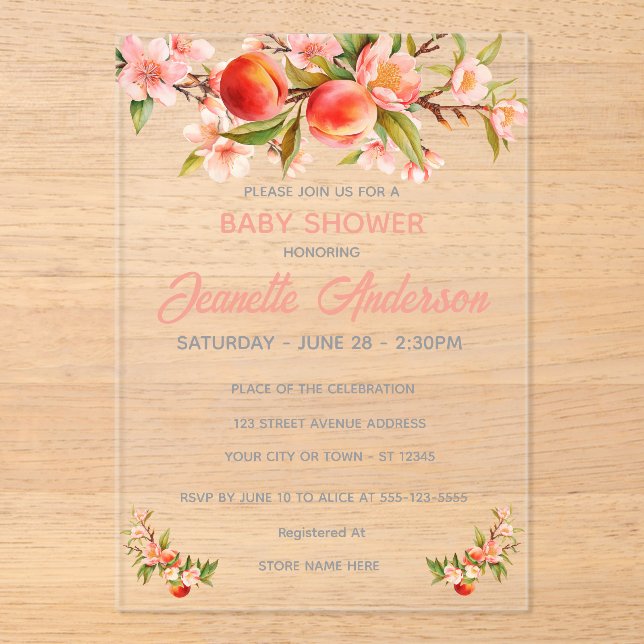 Invitaciones Acrílicas Sweet Peach Orchard Baby Shower (Anverso)