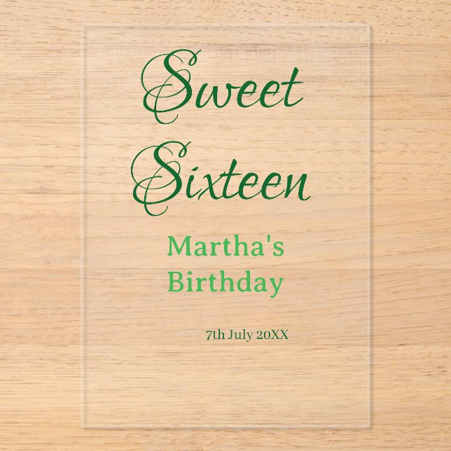 Invitaciones Acrílicas Sweet Sixteen green name date calligraphy boho ret (Anverso)