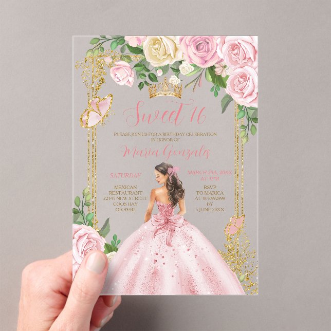 Invitaciones Acrílicas Sweet Sixteen Soft Blush Pink Crown Gold Birthday (Insitu (portátil))