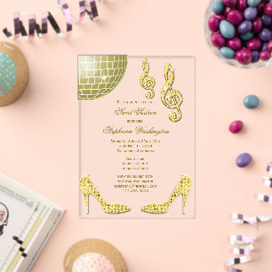Invitaciones Acrílicas Tacones brillantes y bola de discoteca de oro Swee