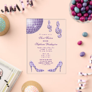 Invitaciones Acrílicas Tacones brillantes y bola de discoteca púrpura Swe