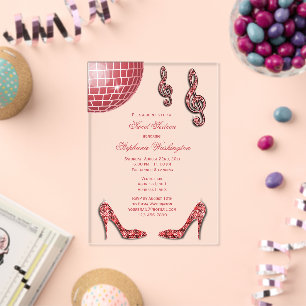 Invitaciones Acrílicas Tacones Brillantes y Bola de Discoteca Roja Sweet