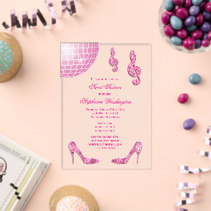 Invitaciones Acrílicas Tacones Brillantes y Bola de Discoteca Rosa Sweet