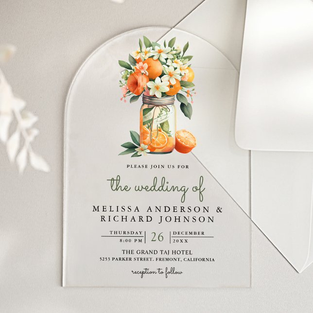 Invitaciones Acrílicas Tangerine Citrus Orange Mason Jar Wedding (Subido por el creador)