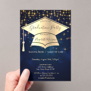 Invitaciones Acrílicas Tapa de graduación dorada, estrellas azul graduaci
