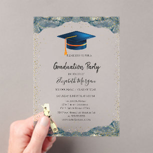 Invitaciones Acrílicas Tapón de Grado Azul,Graduación de Confetti de Vidr