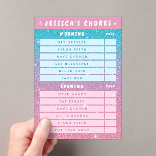 Invitaciones Acrílicas Tareas Diarias para Niños Brillo Rosa Azul Femenin