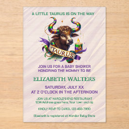 Invitaciones Acrílicas Tauro Cumpleaños de Bebe Lavanda y Verde