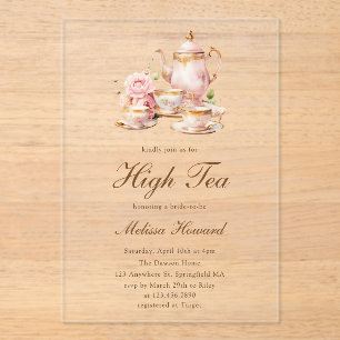 Invitaciones Acrílicas Té Alto Pastel Oro Despedida de Soltera